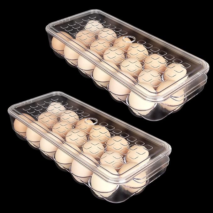 2 Pack 18 Egg Holder for Fridge - Plastic Stackable Egg Tray Holder With Lid - Egg Storage Container Organizer Bins with Air Hole and Handles for Refrigerator, Freezer, Pantry Organization - Clear