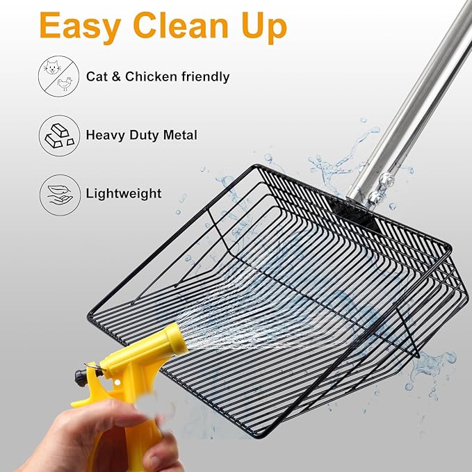 Chicken Poop Scooper, Large Metal Chicken Coop Scoop for Stand with Adjustable Stainless Steel Long Handle, Litter Sifting Shovel for Chicken Coop and Pet Waste Cleaning