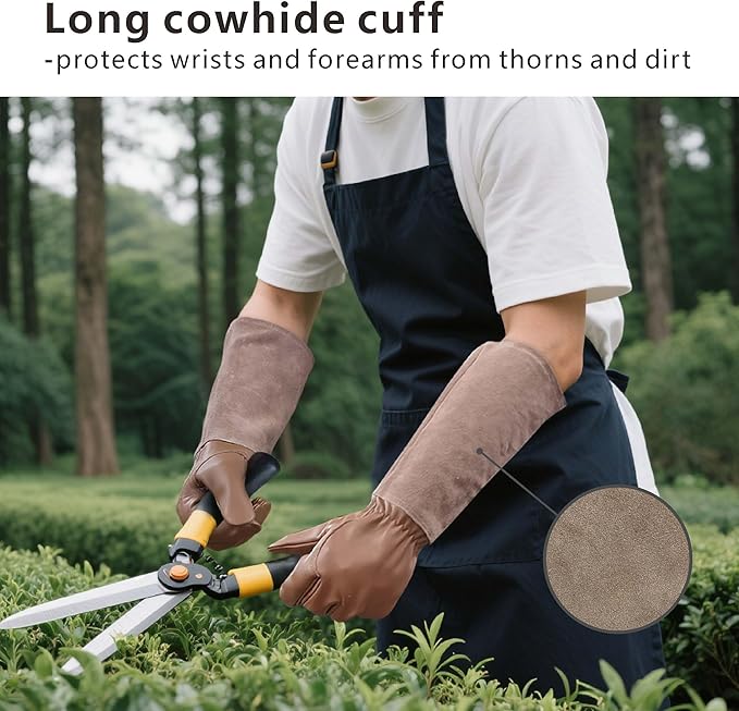 Leather Gardening Gloves – Goatskin Palm & Cowhide Cuff, Thorn-Resistant Long Garden Work Gloves