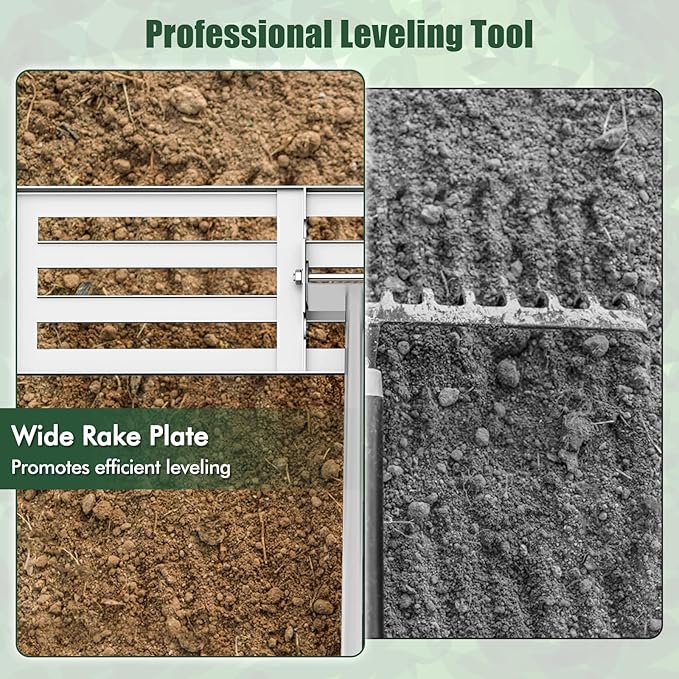 Happygrill Lawn Leveling Rake, Heavy Duty Lawn Level Tool for Soil w/67” Handle, Dirt Ground Leveler, Effort-Saving Landscape Rake for Garden, Backyard, Golf Course, Farm, Pasture (36" x 10", Silver)