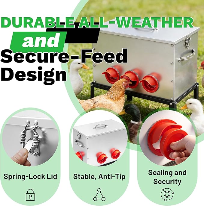 40lb Automatic Chicken Feeder, 6-Port Large Capacity Metal Poultry Feeder, Galvanized Steel Chicken Feeder for Hen Coop