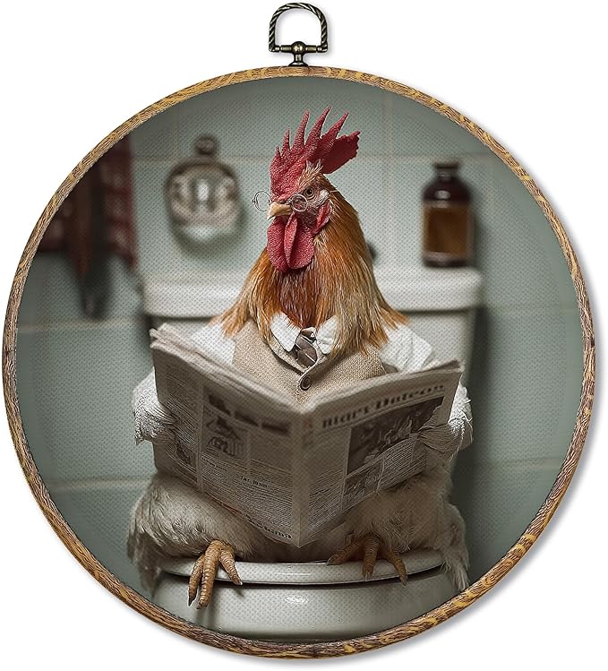 Pugwak Funny Chicken Bathroom Round Wall Art Decor Prints, Rustic Farmhouse Rooster Canvas Art Framed, Chicken Reading on Toilet Artwork Wall Hanging Decor for Washroom Bathroom Restroom, 10x10in
