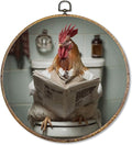 Pugwak Funny Chicken Bathroom Round Wall Art Decor Prints, Rustic Farmhouse Rooster Canvas Art Framed, Chicken Reading on Toilet Artwork Wall Hanging Decor for Washroom Bathroom Restroom, 10x10in