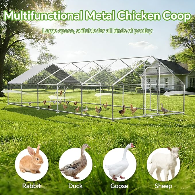 Large Metal Chicken Coop with Roosting Perch, Waterproof and UV Protection Cover, Chicken Run Outdoor Walk-in Cage Chicken Rabbit Duck Hen House, Spire Roof (393.70×118.11×77.95 in)