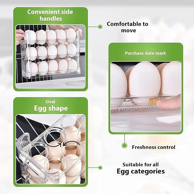 Auto-Flip egg storage for refrigerator，side fridge storage rack egg tray for refrigerator，Eggs Holder Countertop with Timers, Space-Saving Eggs Dispenser for Refrigerator, 30 Eggs Container for