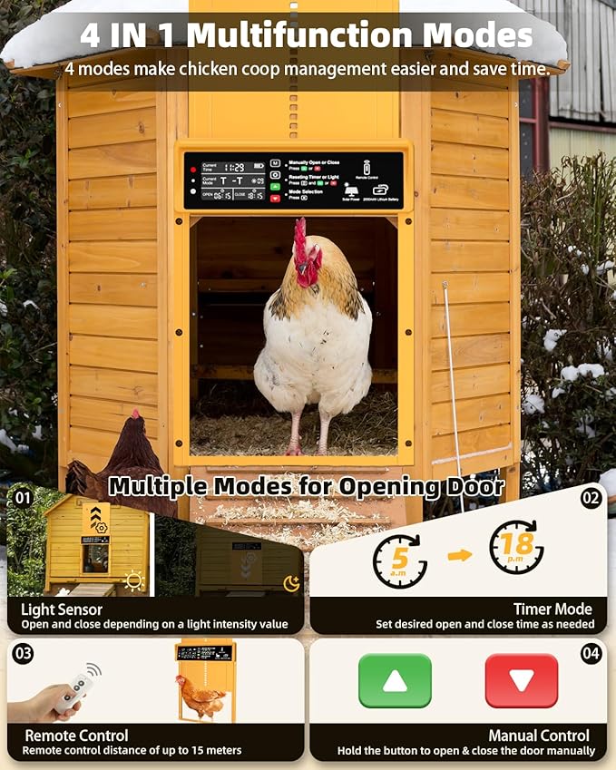 Automatic Chicken Coop Door, Pet Deluxe Chicken Coop Door Solar Powered 7W - Programmable Timer, Light Sensor, Anti-Pinch Safety, Aluminum Alloy Frame with 10 Wire Clips Chicken Door - Gold