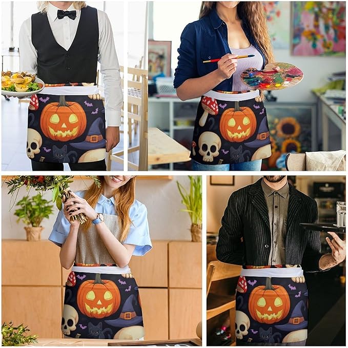 Unisex Apron for Cooking Server Waitress Half Waist Apron with 3 Pockets