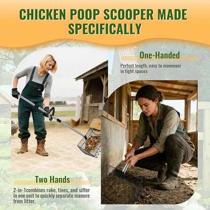 2-in-1 Chicken Poop Scooper & Rake, 12 Inch Large Metal Shovel Head, Chicken Litter Scoop with Adjustable Handle for Chicken Coop & Pet Waste Cleaning (37 to 65"), US Patent Pending (Black)