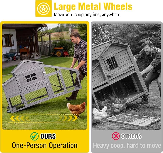 Aivituvin Mobile Chicken Coop with Wheels for 2-4 Chickens, Backyard Expandable Chicken House Duck Cage with Run, 2 Nesting Boxes, Easy Clean Pull-Out Tray, Leak-Resistant Asphalt Roof, 72.3"(Grey)