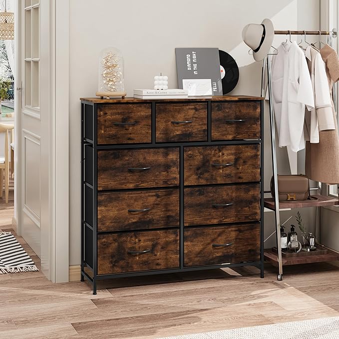 WelFurGeer 9-Drawer Dressers with Sturdy Metal Frame - Tall Chest Organizer Unit with Fabric Bins, Storage Chest of Drawers for Bedroom, Living Room, Hallway, Entryway,Rustic Brown Wood Grain Print