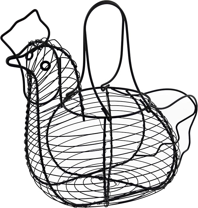 Rural365 Chicken Egg Basket - Chicken Shaped Decorative Black Metal Wire Basket Farm Style Kitchen Egg Collecting Basket