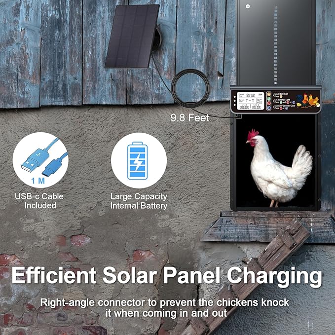 Automatic Chicken Coop Door Solar Powered, LCD Display Automatic Chicken Door with Timer & Light Sensor, Solar Chicken Coop Door with Remote Control, Anti-Pinch Function and Made of Al-Alloy
