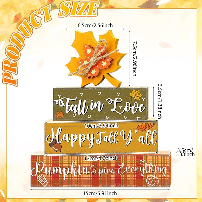 Geelin 4 Pcs Thanksgiving Decorations Fall Wooden Sign Maple Leaves Thanksgiving Pumpkin Table Centerpiece Tiered Tray Decor Fall Wood Blocks Tiered Tray Decor Table Top Sign for Home