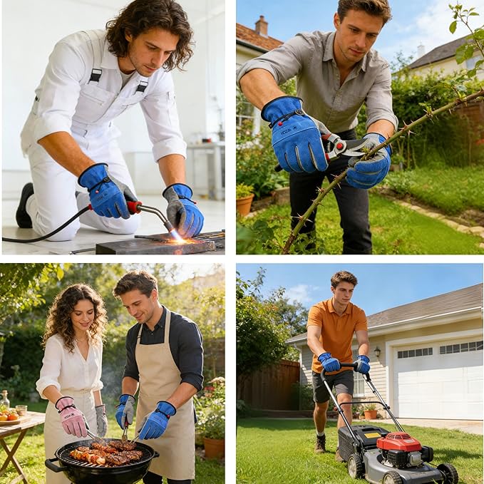 Leather Work Gloves for Men or Women. X-Large Glove for Gardening, Tig/Mig Welding, Construction, Chainsaw, Farm, Ranch, etc. Cowhide, Cotton Lined, Utility, Firm Grip, Durable. Blue-Grey XL