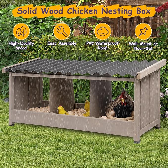 Chicken Nesting Box, Wall-Mounted Wooden Chicken Coop Accessories with PVC Roofing, 3 Compartments for Hens & Ducks Outdoor or Indoor Use