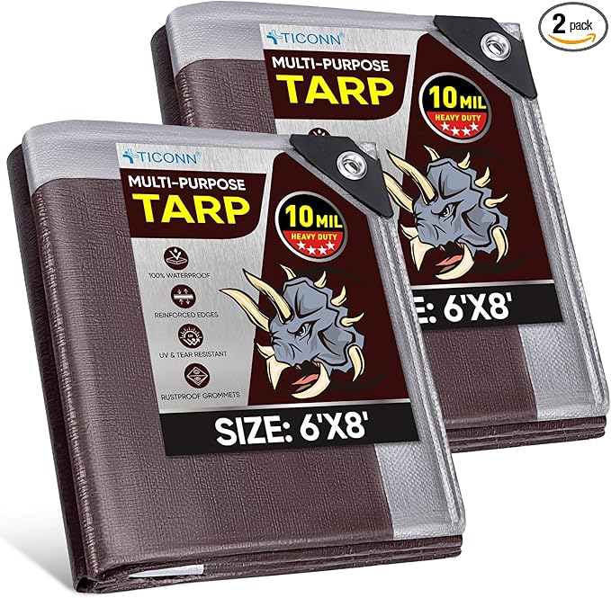 TICONN Heavy Duty Tarp Cover, Extra Thick Tarps Waterproof Tear and Rip Proof UV Resistant Tarpaulin with Reinforced Grommets and Edges (10 Mil/2PK, 6'×8')