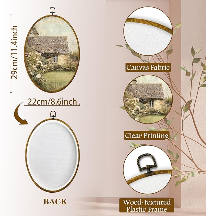 shiviody Rustic Farmhouse Country Canvas Wall Art Decor, Vintage Countryside Antique Cottagecore Landscape Oval Hanging Frame Prints Decorations for Home Bedroom Living Room 8.6"x11.4"