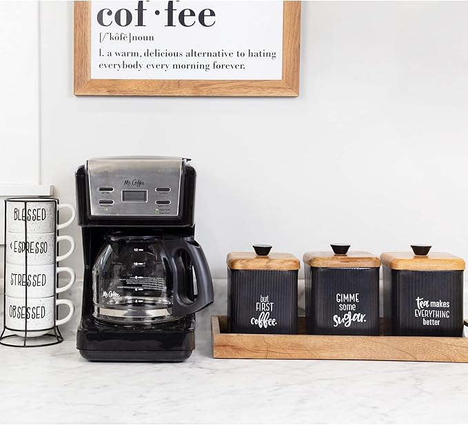 AuldHome Design Farmhouse Black Enamelware Canisters (Set of 3); Storage Containers for Coffee, Tea and Sugar in Black Enamel and Wood Design