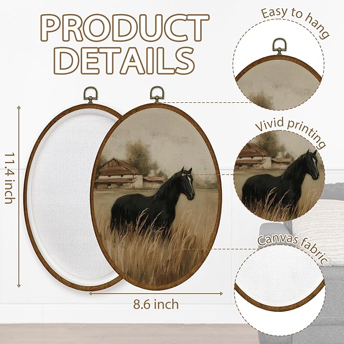 WULQYING Vintage Black Horse Wall Art Decor, Retro Rustic Cottagecore Animal Oval Framed Canvas Art Prints, Country Farmhouse Horse Wall Hanging Decor for Home Bedroom Living Room, 8.6x11.4 Inches