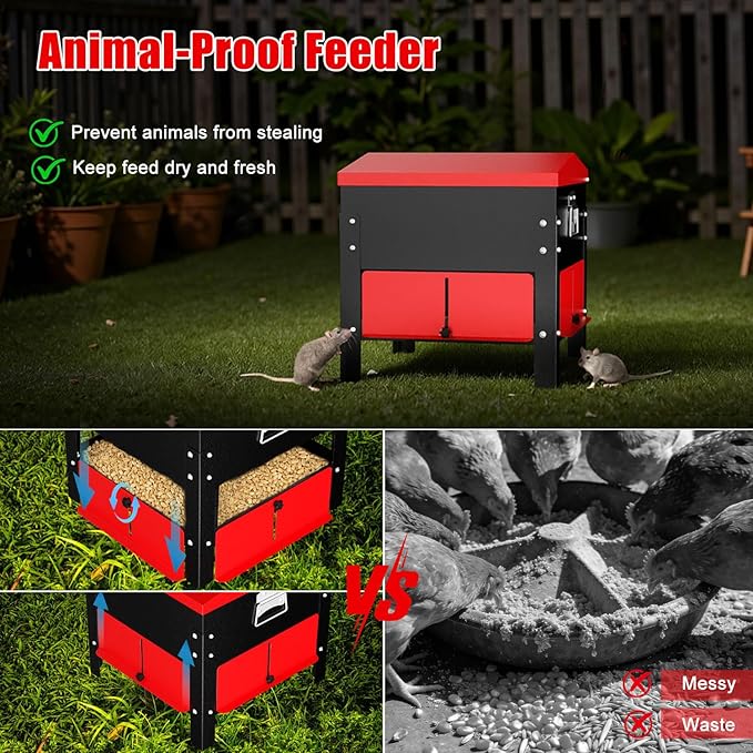 Portable Metal Chicken Feeder, Freestanding Chicken Feeder with Top-Sloped Waterproof Lid, No Waste Gravity Poultry Feeder for Hens and Ducks, 80 lbs Large Capacity