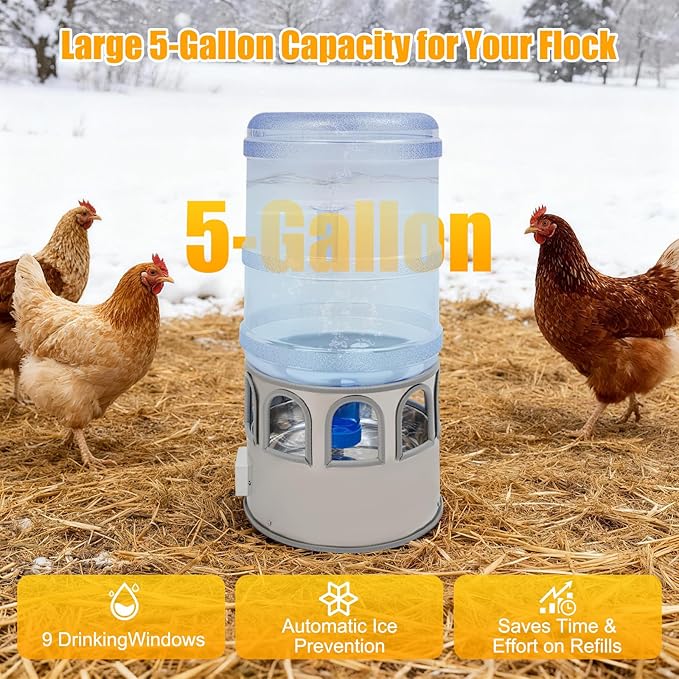 Poultry Chicken Water Heater, 80W Heated Chicken Waterer 5 Gallon with 32 °F-122°F Temperature Adjustable, 9 Drinking Windows & LED Display Screen, Poultry Water Deicer for Winter