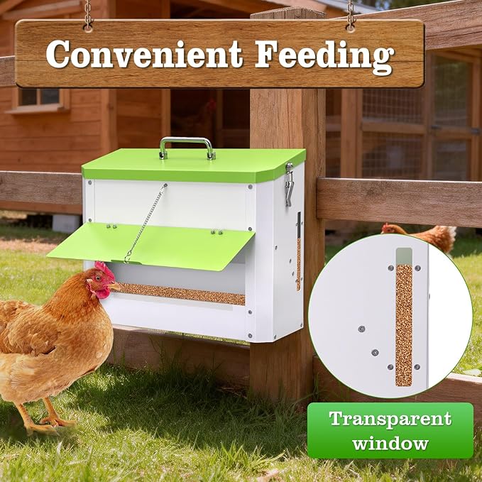 25lb Automatic Chicken Feeders Metal Poultry Feeders Wall Mount No Waste, with Secure Locking Lid, No Assembly Required, Lid Hanging Chicken Feeder Trough for Quail Chickens Ducks Feeder