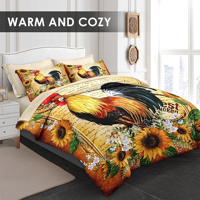 Comforter Set King Size, Rooster Vintage Chicken 7 Pcs Bedding for Kids and Adults, Sunflower Flower Farm Bed Sheet Sets with Fitted Sheet 2 Pillowcases & 2 Shams for Bedroom Bed Decor