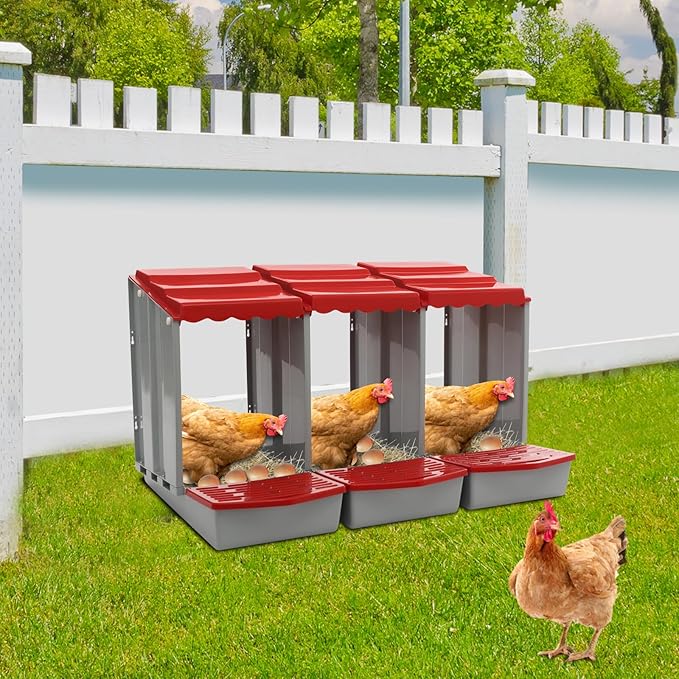 Chicken Nesting Boxes 3 Compartment PP Nesting Box with Inclined Nesting Boxes & Vented Holes Wall Mount Chicken Laying Boxes for Chicken Coop (Red)