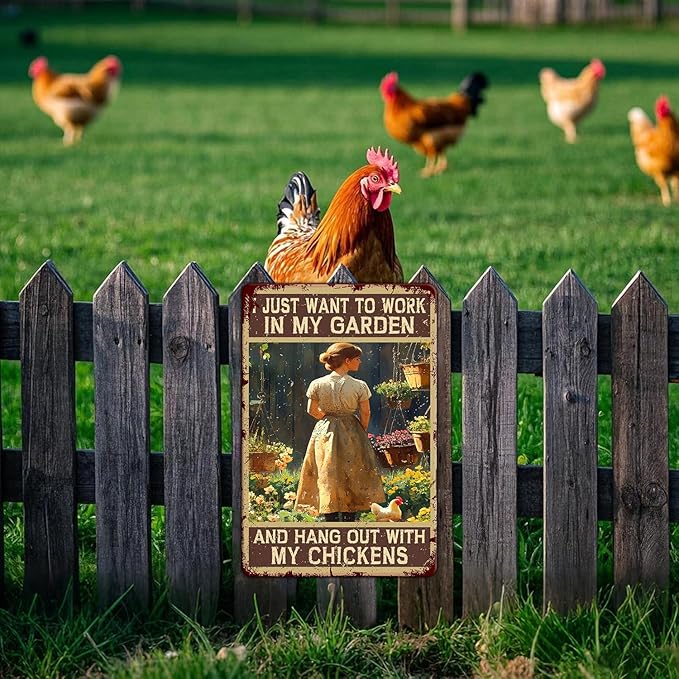 Funny Chicken Signs I Just Want To Work In My Garden And Hang Out With My Chickens Aluminium Sign Metal Chicken Signs Decor Ktichen Farm Are Wall 12x16 Inch Vintage Chicken Signs Metal Poster