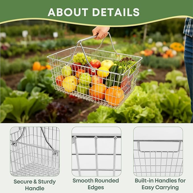 Small Picnic Baskets, Wire Baskets for Organizing with Foldable Handle - 12.6"x9.1"x5", Sturdy Stainless Steel Storage Baskets for Outdoor Picking, Picnic, Kitchen & Fridge & Cabinet Organizer(1, S)
