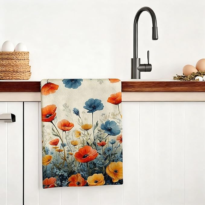 Rustic Wildflower Decorative Kitchen Dish Towels, Colorful Floral Hand & Tea Towel Set of 4, Orange and Blue Dish Cloths for Farmhouse Kitchen Cleaning Drying, Spring Summer Decor