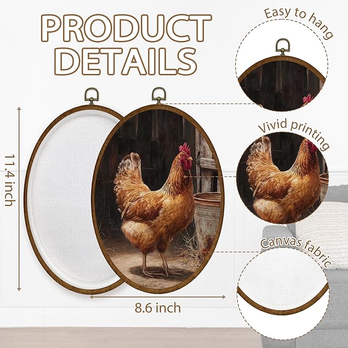 WULQYING Vintage Farmhouse Chicken Wall Art Decor, Rustic Country Chicken Oval Framed Canvas Art Prints, Retro Cottagecore Farm Animal Wall Hanging Decor for Home Bedroom Living Room, 8.6x11.4 Inches