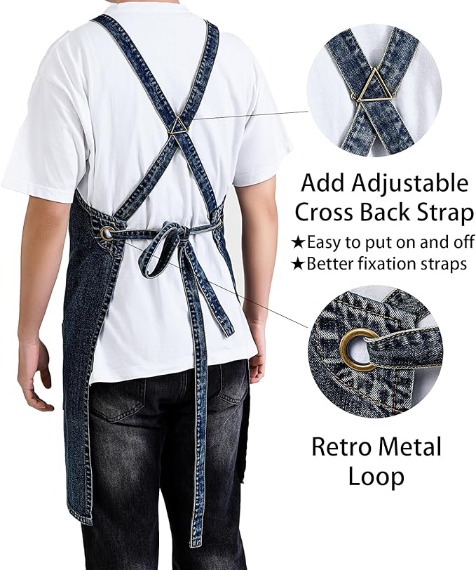 Cotton Denim Apron Soft - Unisex Adjustable Bib Apron with 5-Pockets Perfect for Kitchens