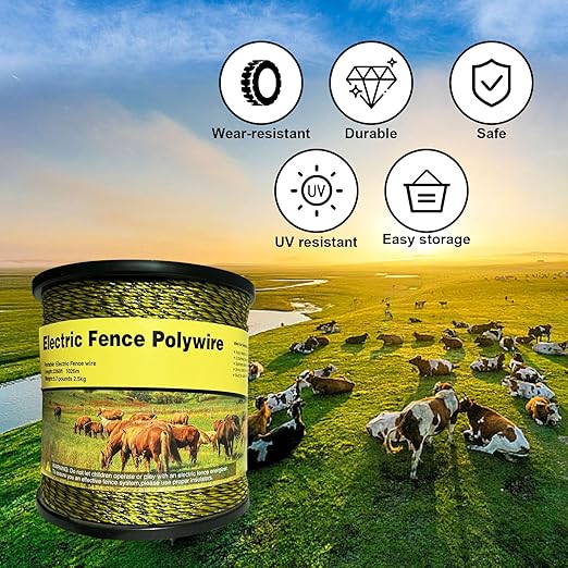 Upgraded Electric Fence Polywire 3366 feet 1026 Meters,1/8 Diameter Portable Electric Fencing Polywires, 6 Stainless Steel Strands for Reliable Conductivity and Corrosion Resistant