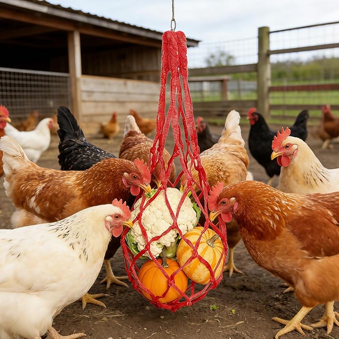 4Pcs Chicken Vegetable Hanging Feeder Chicken Coop Toys Reusable Vegetable String Bag Chickens Coop Accessories for Poultry Hens Ducks Goose