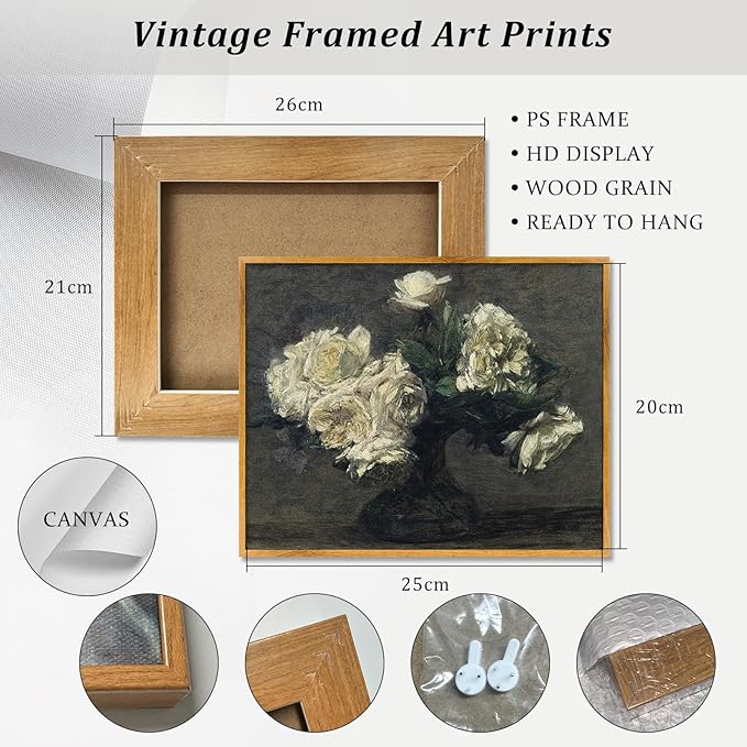 White Flower Framed Canvas Wall Art Rustic Botanical Prints Moody Artwork Dark Floral Paintings Blooming Flowers Poster Farmhouse Flower Pictures White Floral in Vase Wall Art 8x10inch Framed