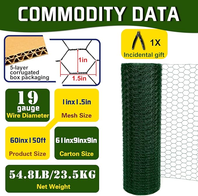 Chicken Wire60inx150ft, Premium Chicken Wire Fencing, Chicken Wire Mesh, Green PVC Coated Metal Wire Fence, Galvanized Poultry Netting Barrier for Floral Arrangements/Craft Projects//Rabbit