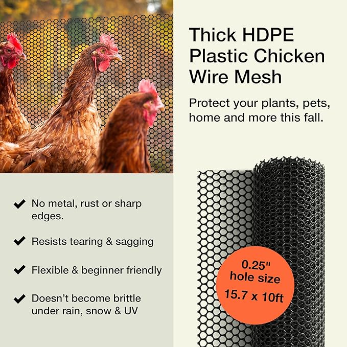 MaPorch Plastic Chicken Wire Mesh Fence - Black Mesh, 15.7 in x 10 ft - Quick-Install Chicken Wire Fencing - Plant Protectors from Animals - Weather Resistant Garden Netting - Pet & Poultry Netting