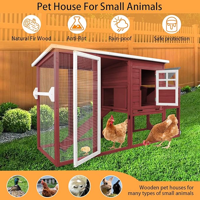 PetsCosset 75" Chicken Coop Backyard with Wheels Nesting Box Waterproof Removable Tray and Ramp Large Hen House for 1-4 Chickens