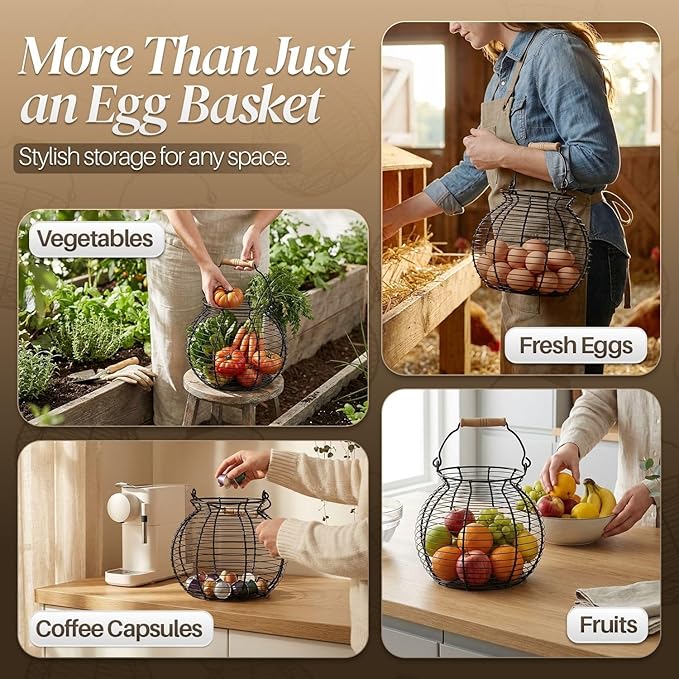 Flexzion Egg Basket for Gathering Fresh Eggs - Round Wire Countertop Egg Holder with Spring Handles, Farmhouse Chicken Eggs Collecting Basket Storage for Countertop, Kitchen Organizer and Farm (Black)