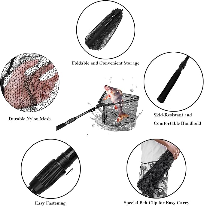 PLUSINNO Fishing Net Fish Floating Landing Net, Kayak Nets with Fixed Foldable Telescopic Pole Handle, Bass Trout Fishing Nets with Nylon Mesh for Pond Lake River, Fishing Gear Gifts for Men Anglers