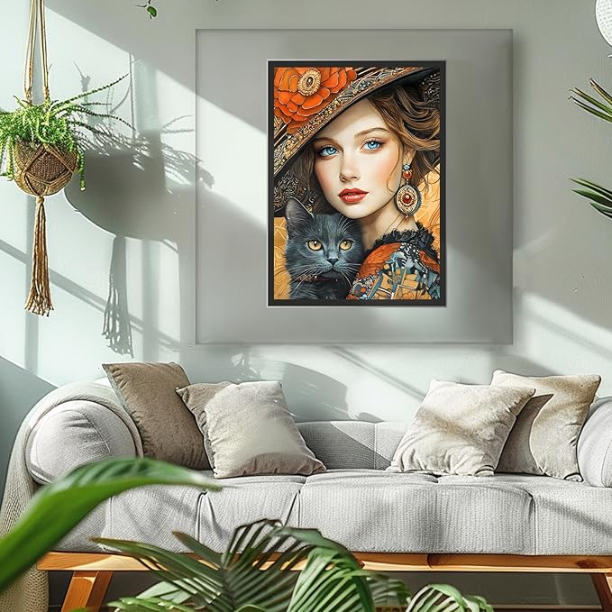 MAXBYE Diamond Painting Kits for Adults, Pretty Woman Hugging Black Cat Diamond Art Kits for Beginner, DIY 5D Full Drill Diamond Dots Crystal Art and Craft Kits for Home Wall Decoration 12x16inch