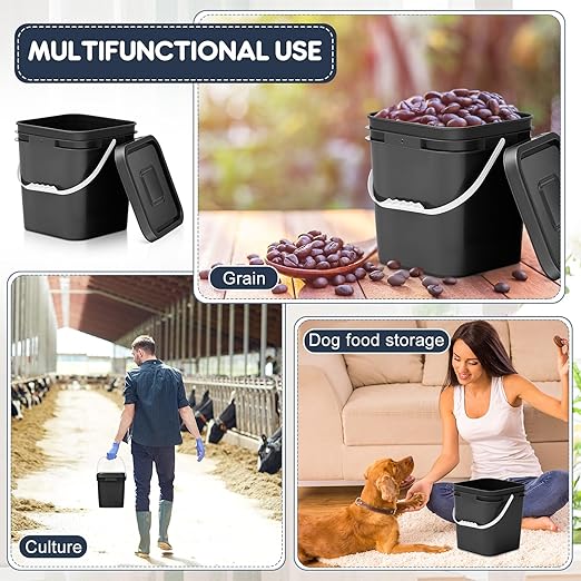 Mumufy 5 Pcs 3.5 Gallon Square Food Grade Bucket with Lid Square Bucket Pail Plastic Handles for Long Term Food Storage, Camping, Fishing, Home Organization Easy Stack and Store (Black)