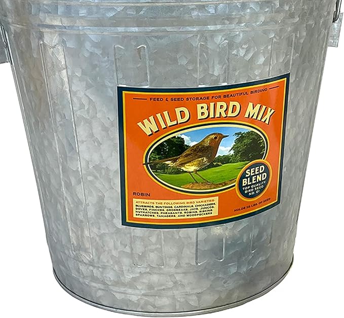 Woodlink Rustic Farmhouse Seed Container & 10 lbs. Waste Free Seed | Galvanized Metal Bird Seed Storage Bucket with Scoop & Lid | Waste-Free Wild Bird Seed Blend for Clean Feeding, 16.5 Qt Capacity