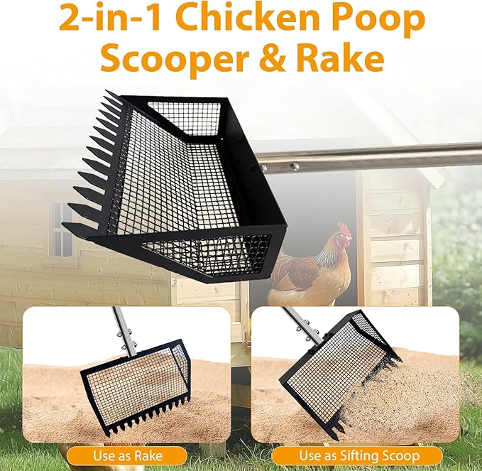 2 in 1 Chicken Poop Scooper & Rake, Chicken coop Scoop for Poop Sand with 22'' to 62" Adjustable Long Handle, Stainless Steel Sifting Shovel for Chicken Coops & Animals House