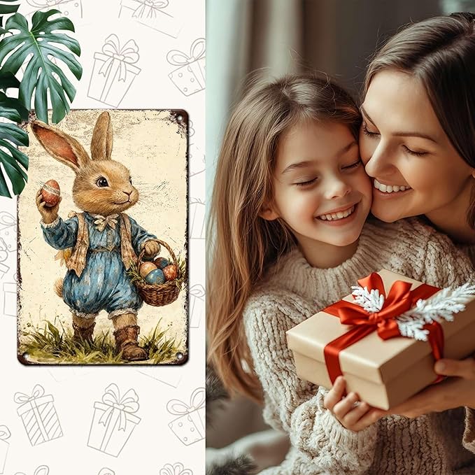 YoyaVex Bunny Metal Sign Vintage Easter Design With Decorative Eggs Rustic Wall Decor For Indoor Outdoor Use In Home Garden 8X12Inch
