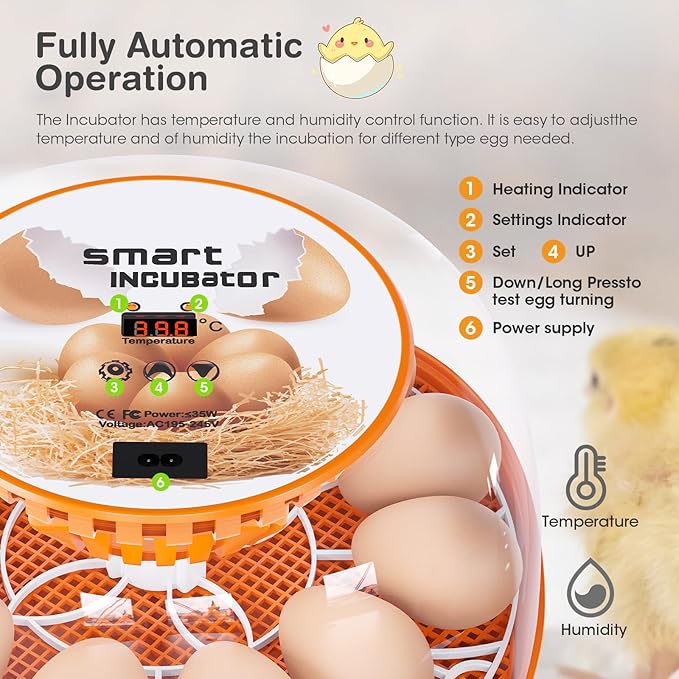 12 Egg Incubator with Automatic Egg Turning and Temperature Control, Automatic Water Adding, LED Egg Candler, Incubators for Hatching Eggs, Chickens, Ducks, Quail, Goose Eggs