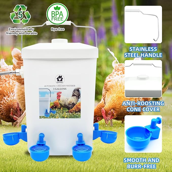 Automatic Chicken Waterer Float Controlled, 3 Gallons Poultry Waterer Dispenser with Hose Attachment, Poultry Automatic Drinking Accessories for Chicks, Duck, Goose, Turkey