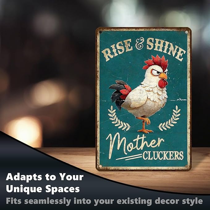 Funny Chicken Signs Rooster Kitchen Decor Rise And Shine Mother Cluckers Tin Signs Vintage Coop Metal Decor Rustic Wall Art For Home Farmhouse Farm Poultry House Cafe Bar Office 12 * 8 In