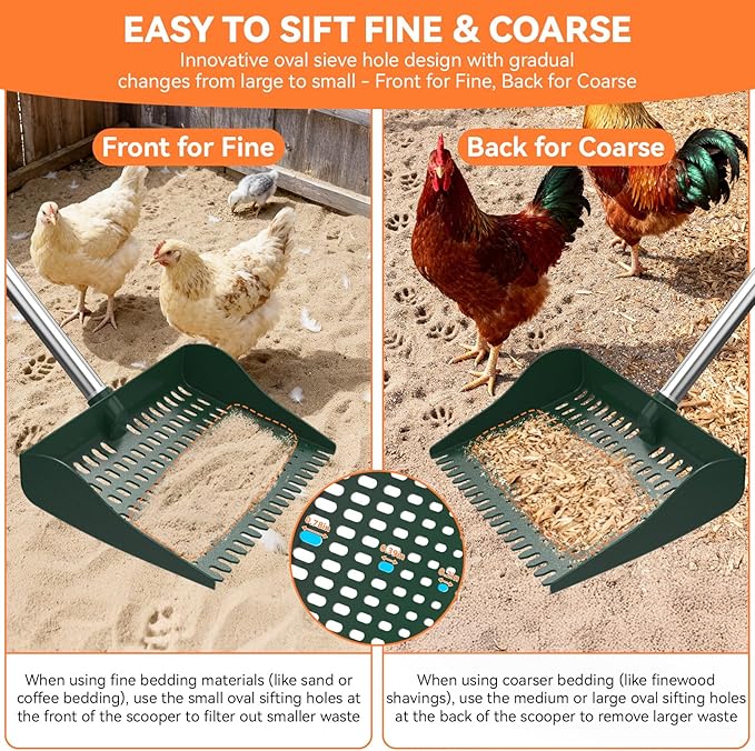 Chicken Poop Scooper & Rake 2-in-1, Chicken Coop Accessories with 13in Wider PP Head & Adjustable Stainless Steel Handle, 33''-69'' Pooper Scooper Sand Sifting Shovel Litter for Small Farm Animals